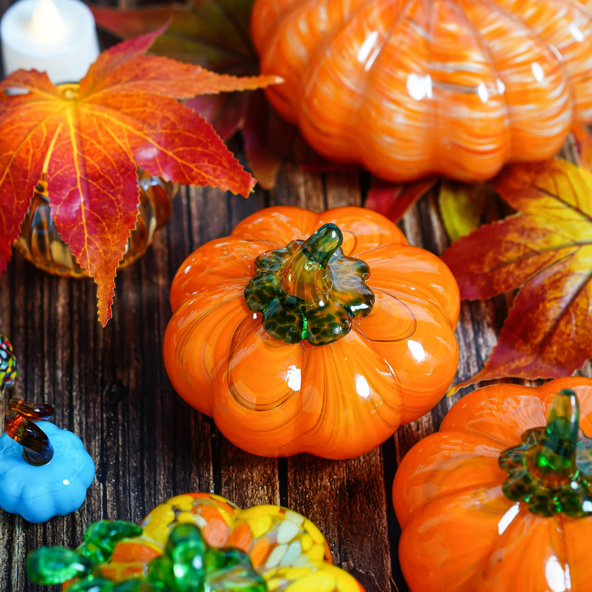 Blown Glass Pumpkin Figurine Orange Crystal Harvest Fall Thanksgiving Decor