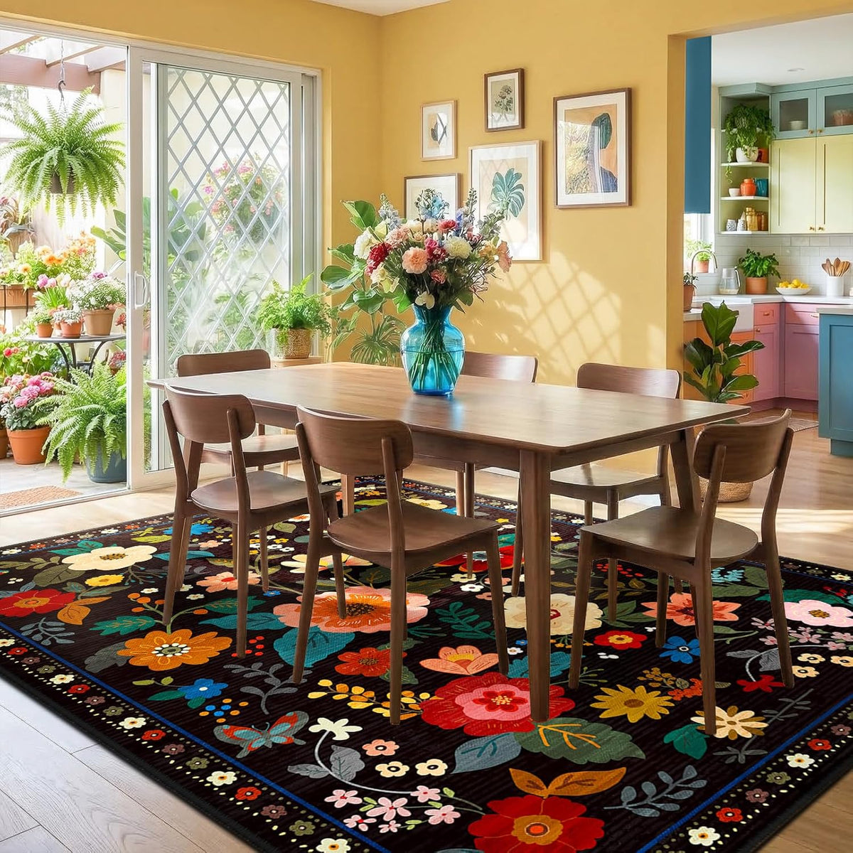 Floral Washable Area Rugs Black