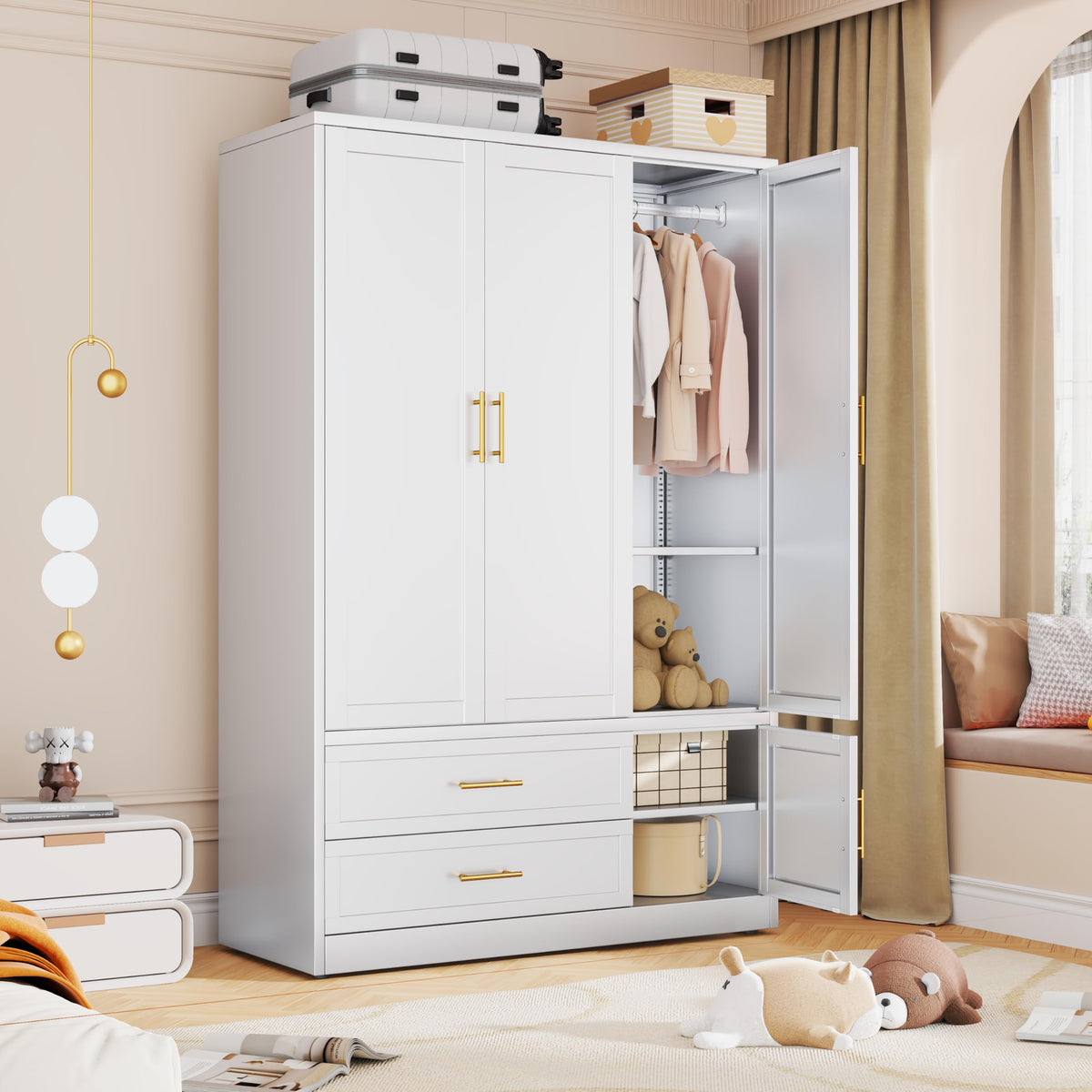 Metal Armoire Wardrobe Closet, 70.5" Bedroom Clothing Storage Cabinet