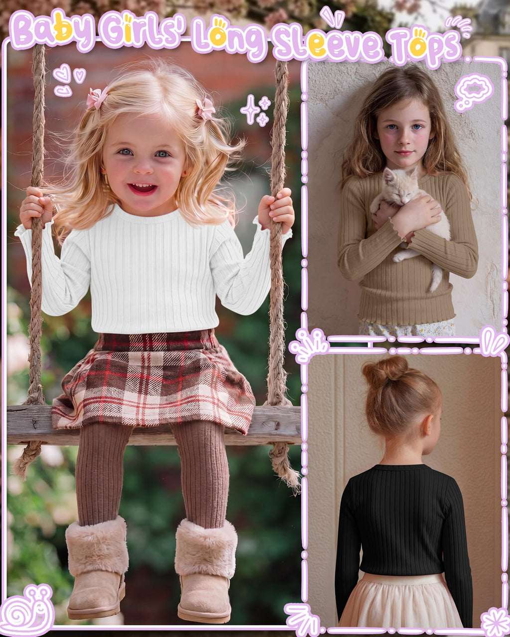 4 Pack Toddler Girls' Long Sleeve Shirts Cotton Tops 4Color