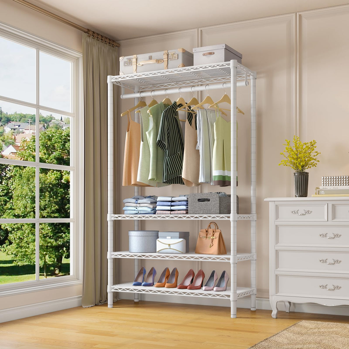 V1 4-Tier Clothes Rack with Hanging Rod, Freestanding Closet, White