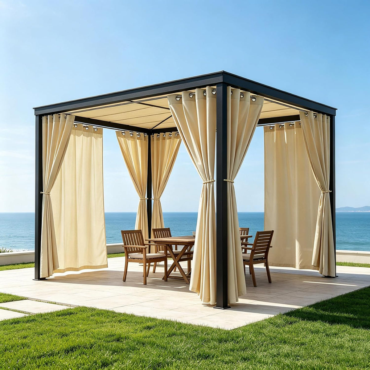 LZY 8 Panels Outdoor Curtains Waterproof - 52x108 Inches Cream Blackout Curtains, Polyester Weatherproof Privacy