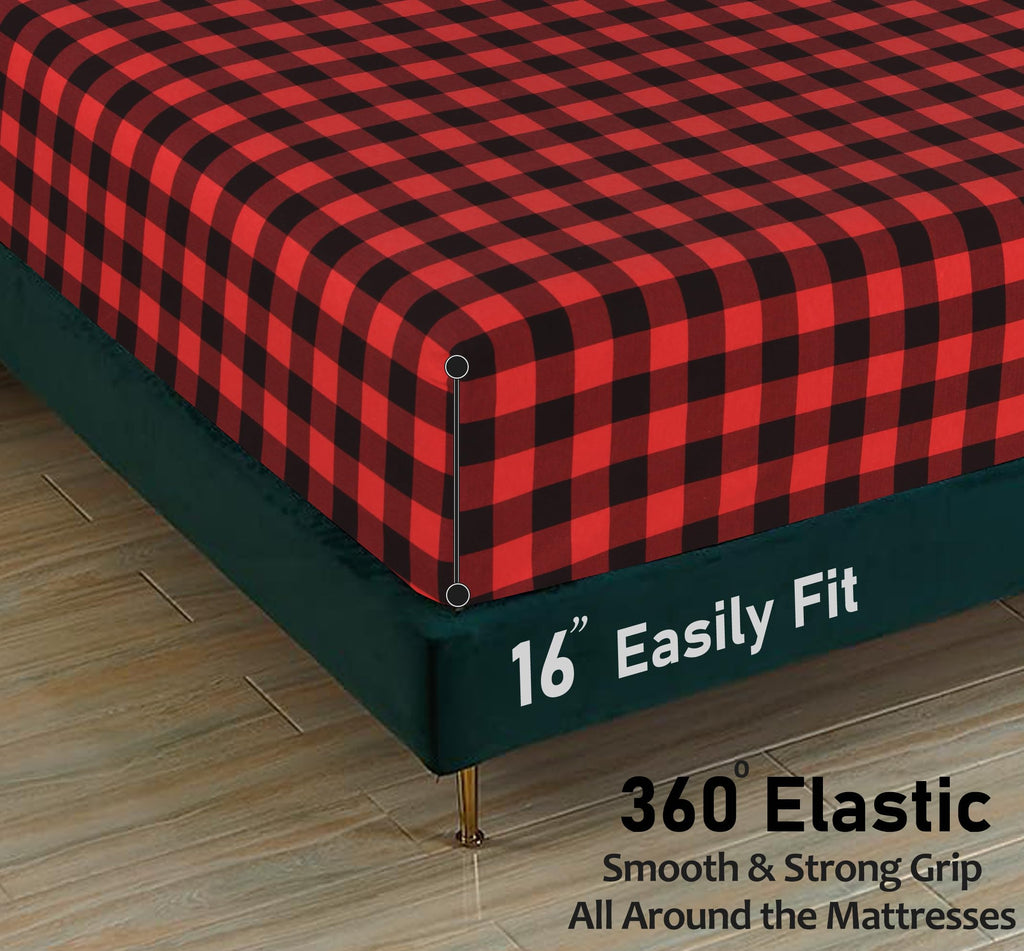 100% Cotton Flannel Sheets, 4 PCs, Red & Black Plaid