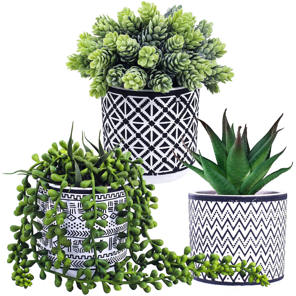 3 Pcs Small Potted Succulents Plants Artificial String of Pearls Aloe Hops Succulents in Black Geometric Concrete