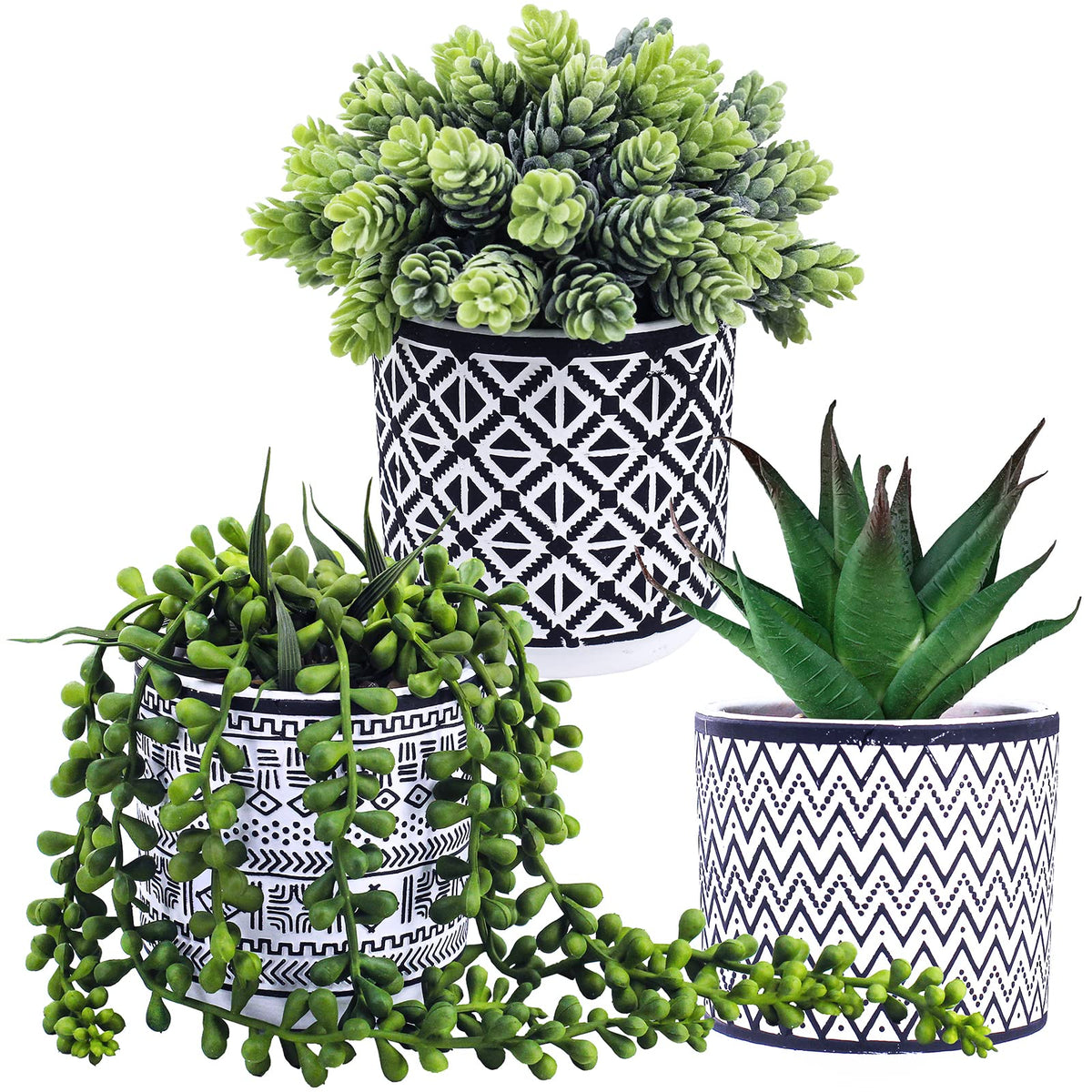 3 Pcs Small Potted Succulents Plants Artificial String of Pearls Aloe Hops Succulents in Black Geometric Concrete