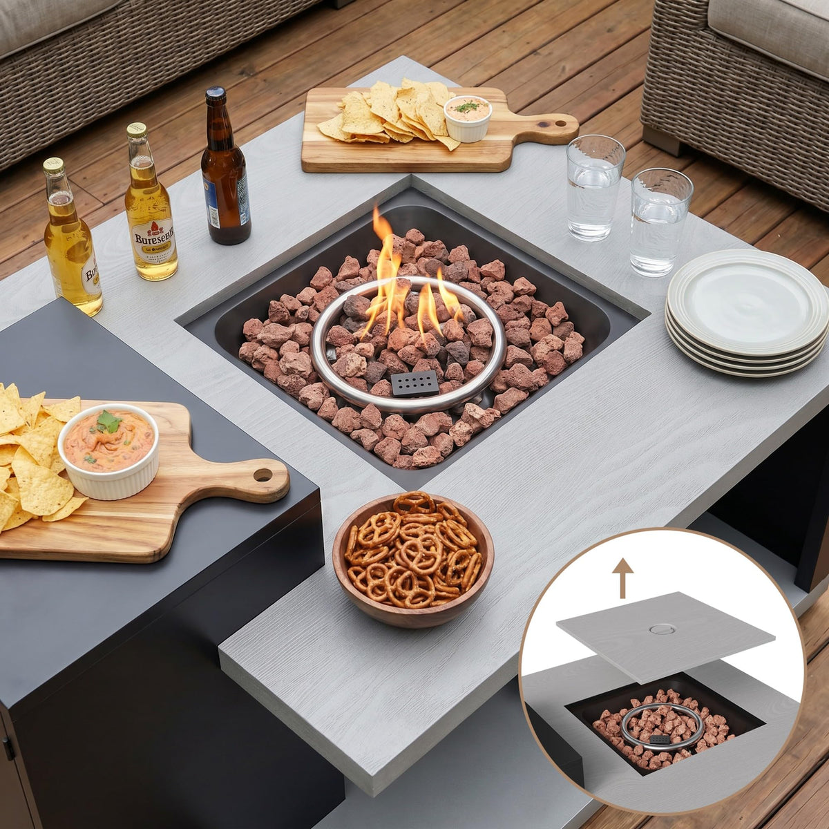 Rectangular Outdoor Fire Table with Propane Tank Cabinet, Aluminum Alloy Fire Pit Table Grey & Black 40.1"W