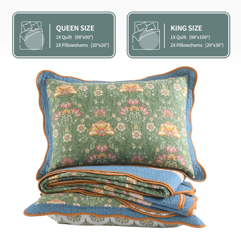 100% Cotton Quilt Set, Vintage Farmhouse Floral, Sage Green