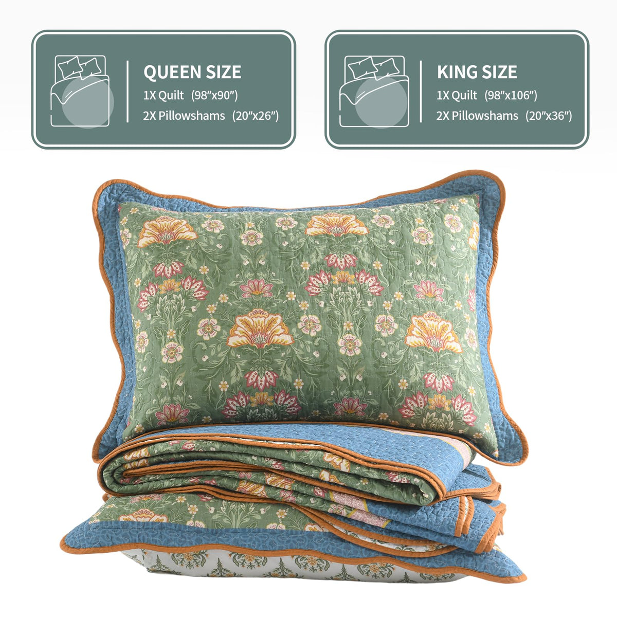 100% Cotton Quilt Set, Vintage Farmhouse Floral, Sage Green