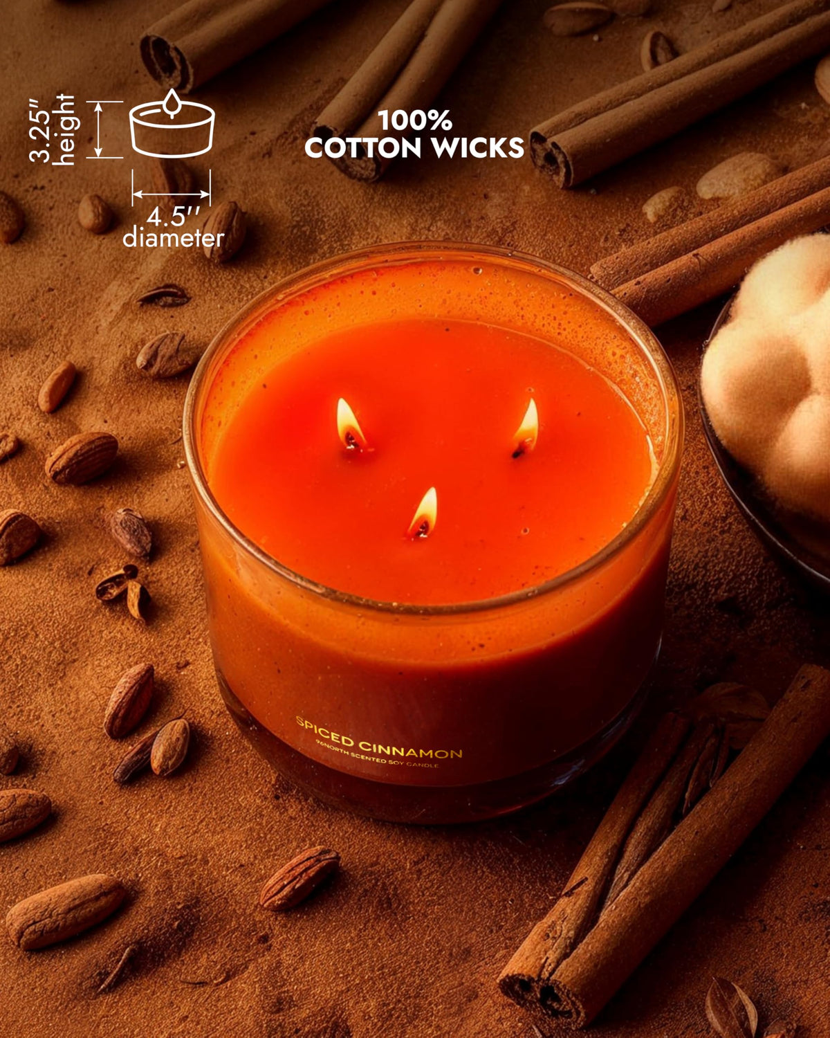 Luxury Spiced Cinnamon Candle | Large 3 Wick Jar Candle | Up to 40 Hours Burning Time | 100% Natural Soy Wax