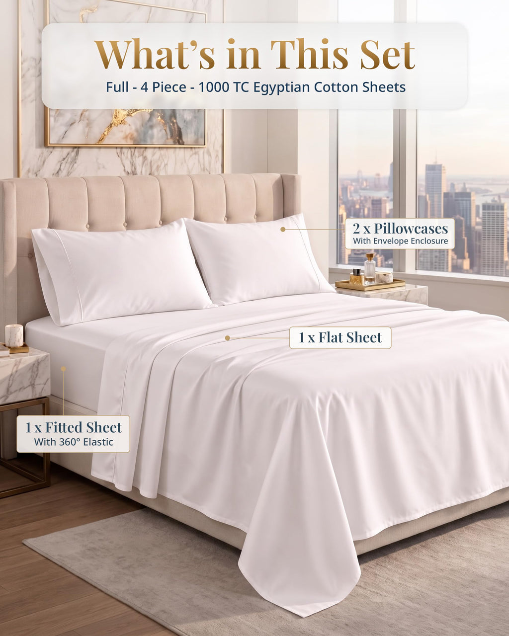 Full Size Sheets 1000 Thread Count 100% Egyptian Cotton - White