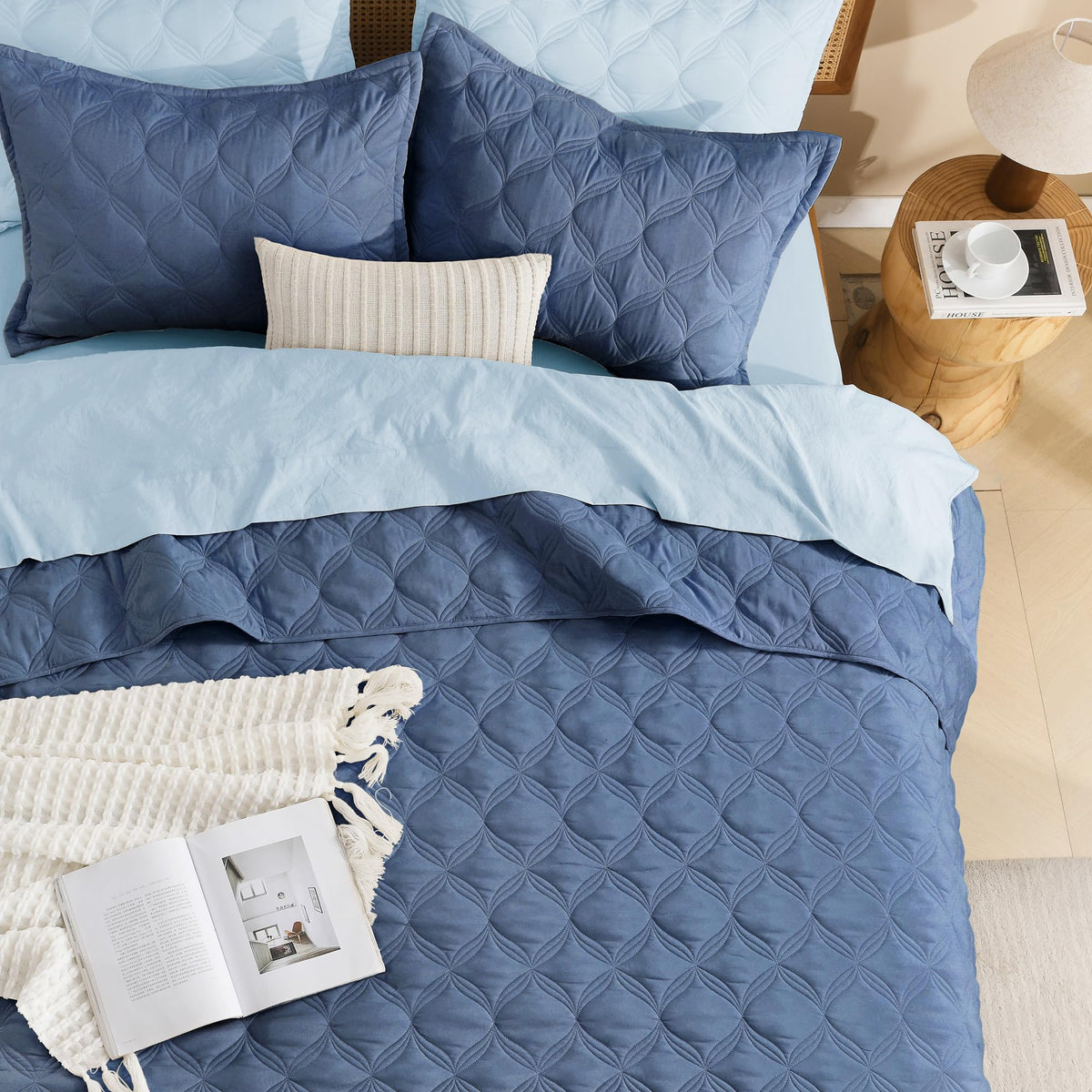 Quilt Bedding Set, 3 Pieces Ocean Blue Bedspreads Set