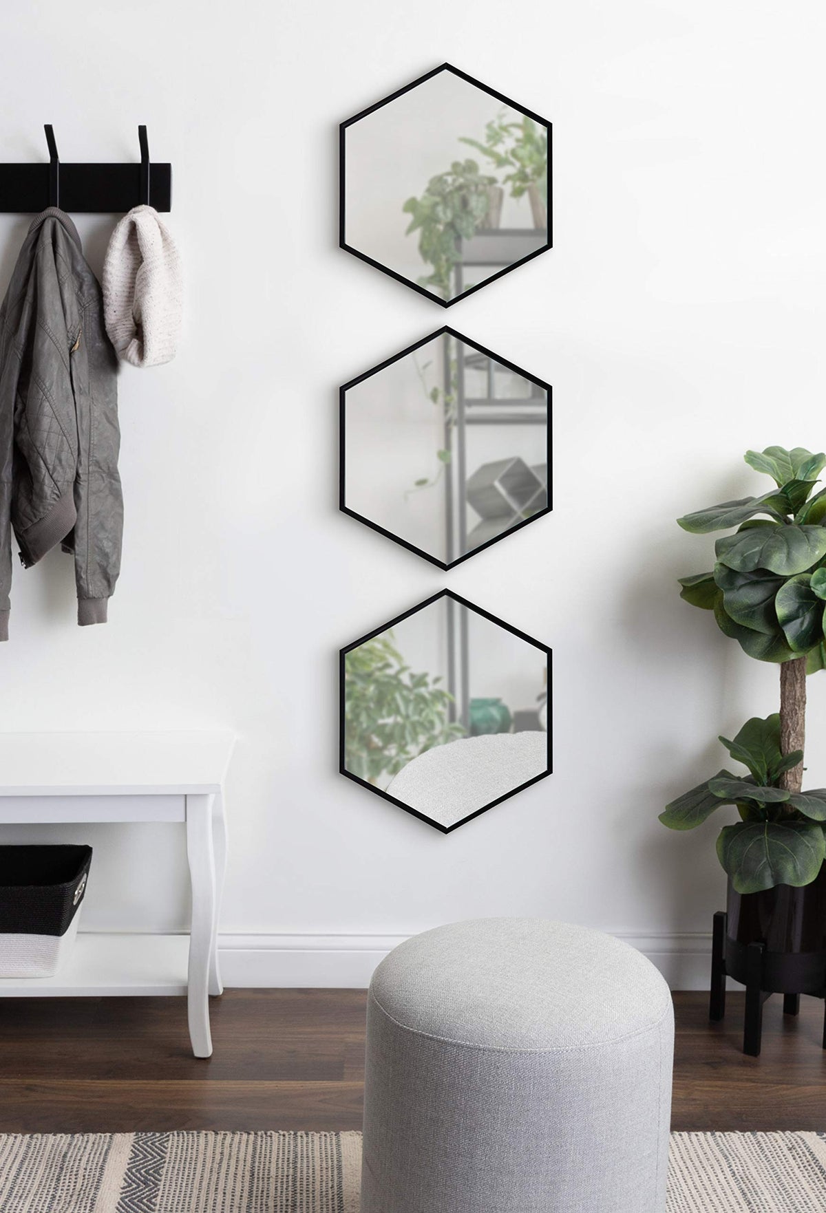 Rhodes Modern Hexagon Wall Mirror Set, 3 Pieces Black, Chic Geometric Mirror for Wall