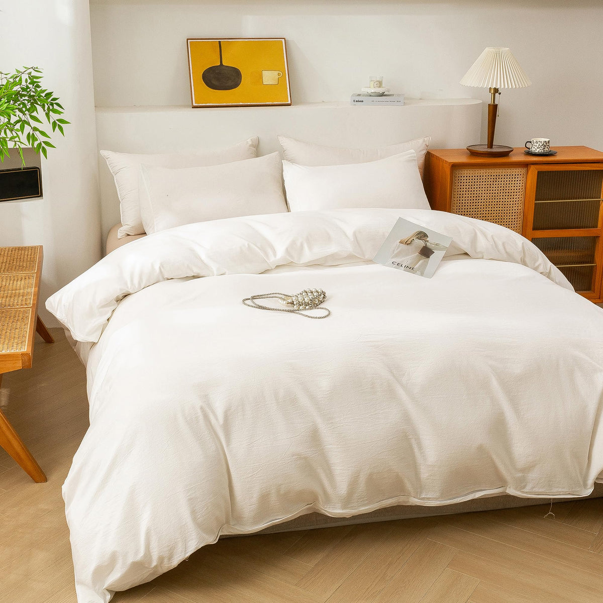 Cotton 3 Pcs Duvet Cover Set Linen Feel White Twin