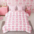 Pink Bow Decor Victorian Queen Comforter Set with Sheets | Antique Damask 7-Piece Bedding Set Gothic Baroque Floral
