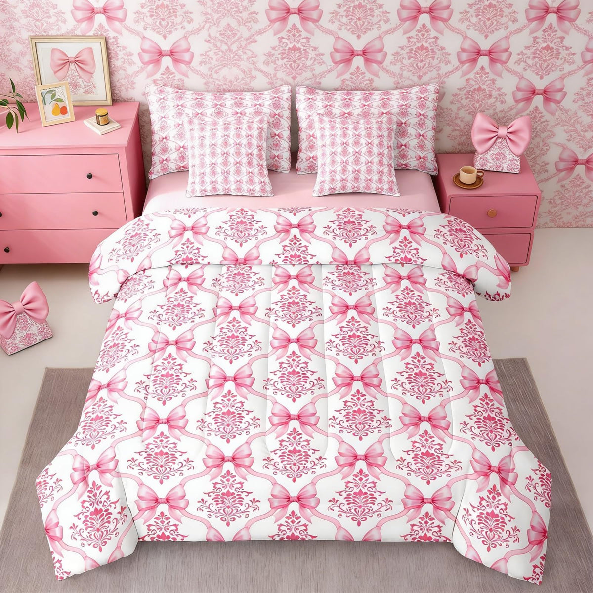 Pink Bow Decor Victorian Queen Comforter Set with Sheets | Antique Damask 7-Piece Bedding Set Gothic Baroque Floral