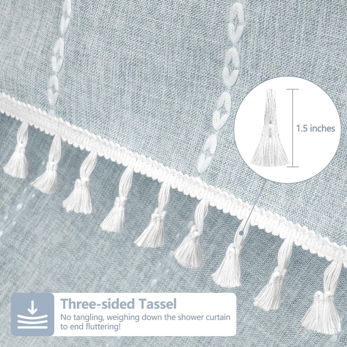 72 x 76 inch Extra Long Boho Chic Shower Curtain Heavyweight with Tassels, Soft Linen Textured Fabric Farmhouse