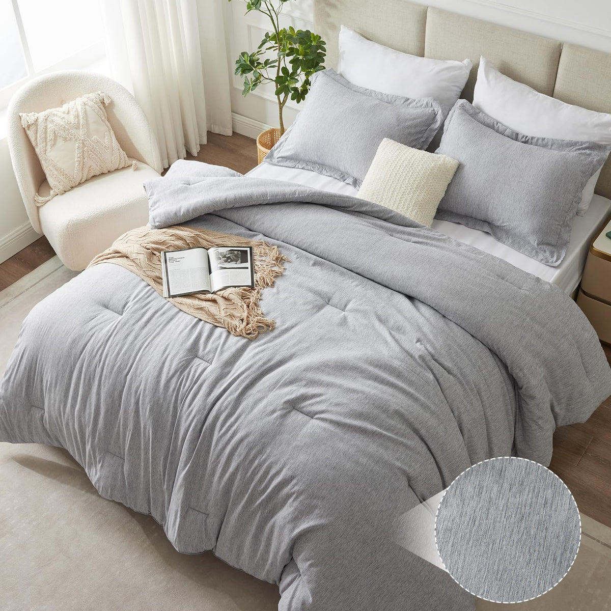 Comforter Set, Heathered Light Grey, 3 Pieces Bedding Sets