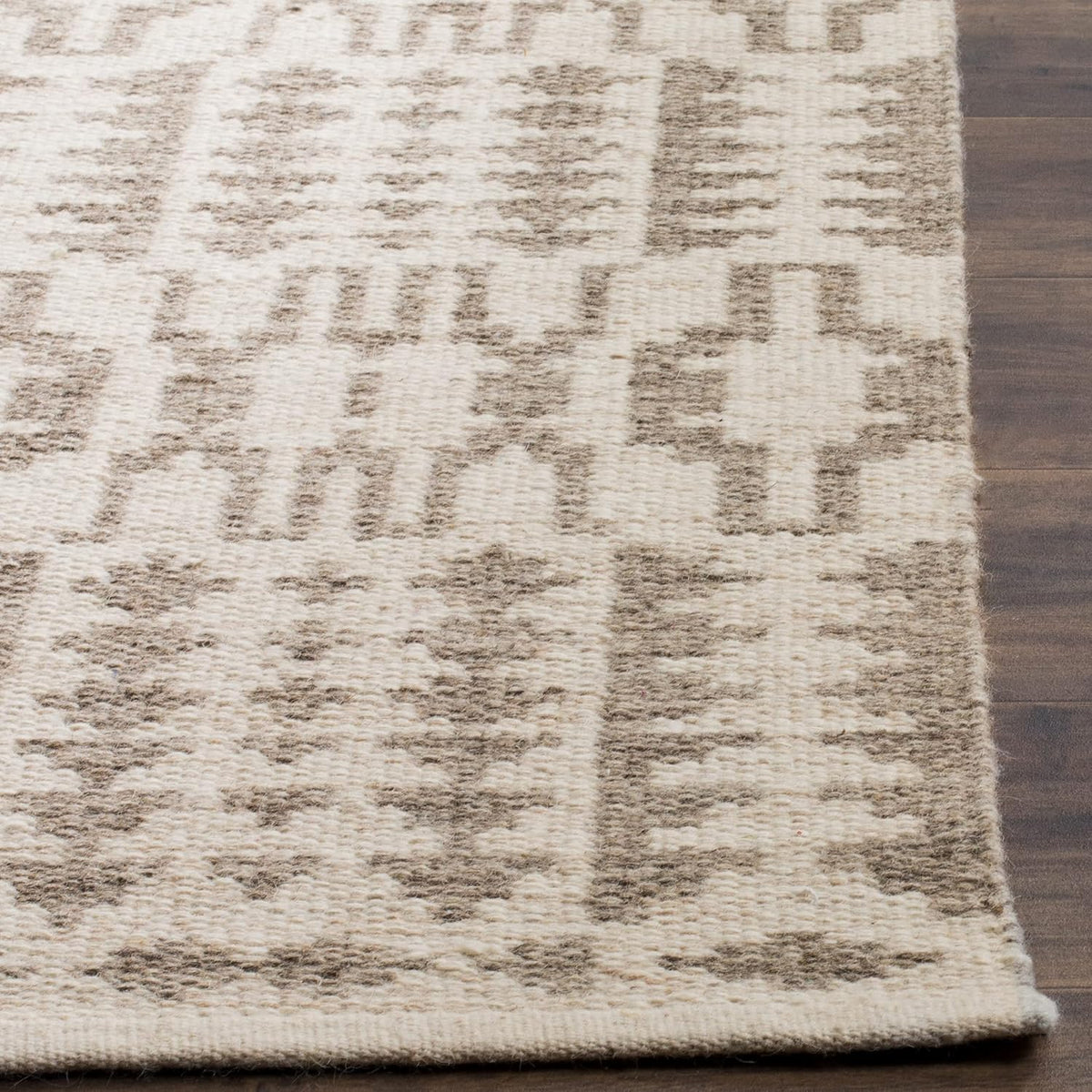 Area Rug - Kilim Collection - Large - Ivory & Grey, Handmade Flat Weave Wool, Ideal, Dining Space (KLM352A)