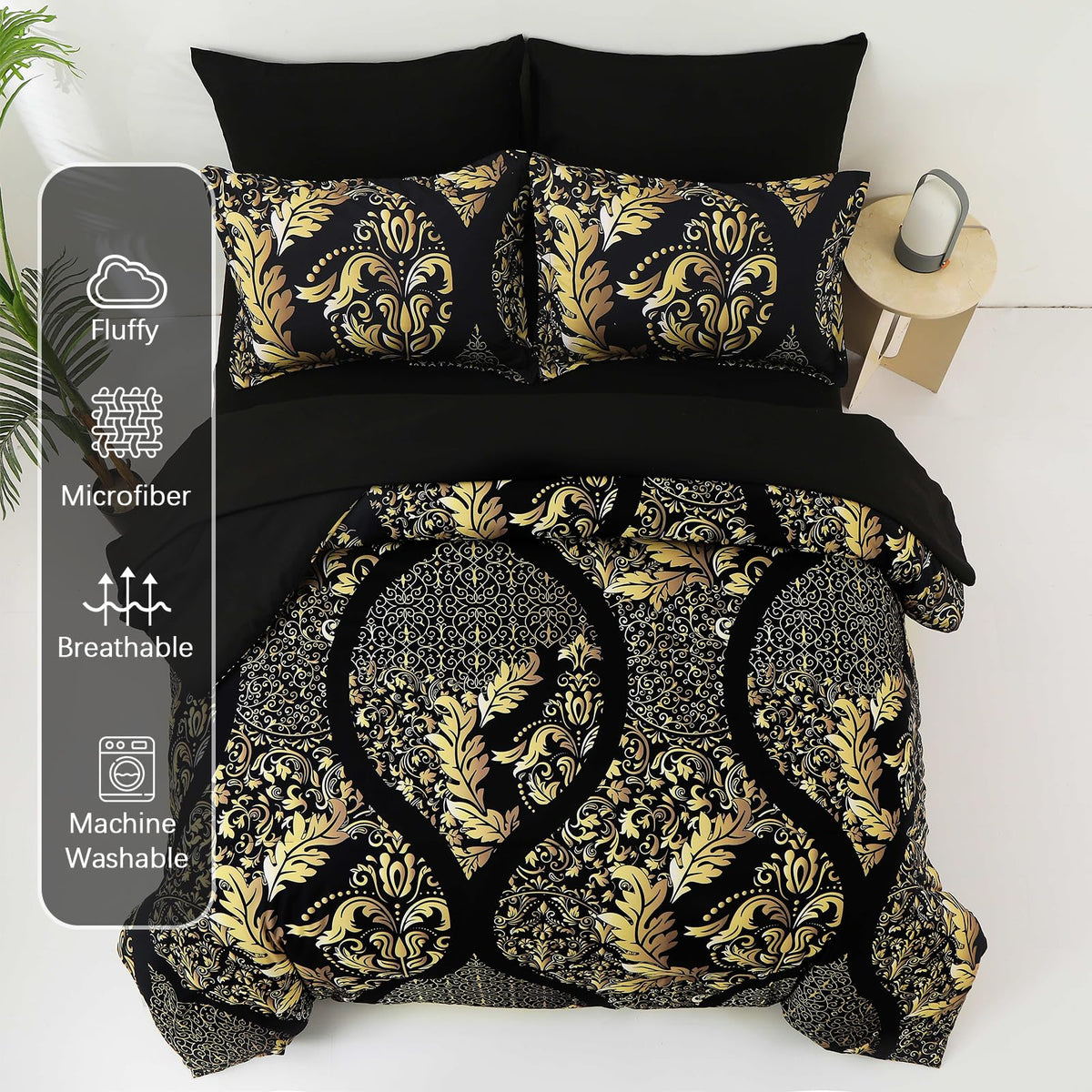 Black Gold Comforter Set Queen Size, 7 Pieces Luxury Bohemian Damask Comforter Set Soft Lightweight Microfiber