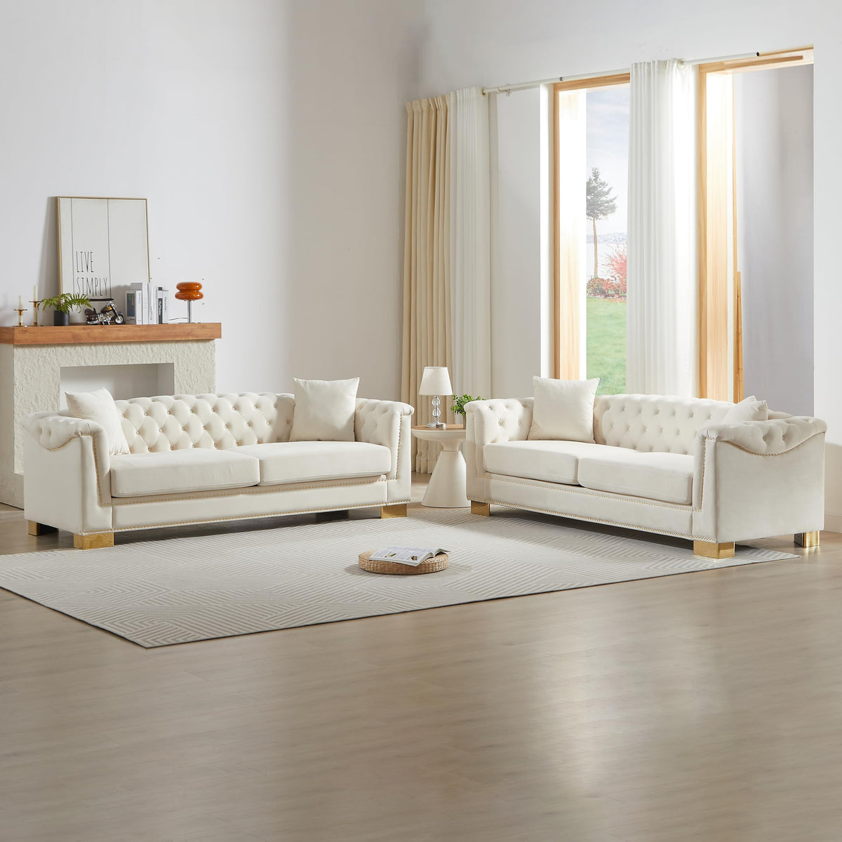 Modern Chesterfield Sectional Sofa, 3+3 Seater Combination Sofa with Rolled Arms, Button Tufted Back, Gold Studs - &
