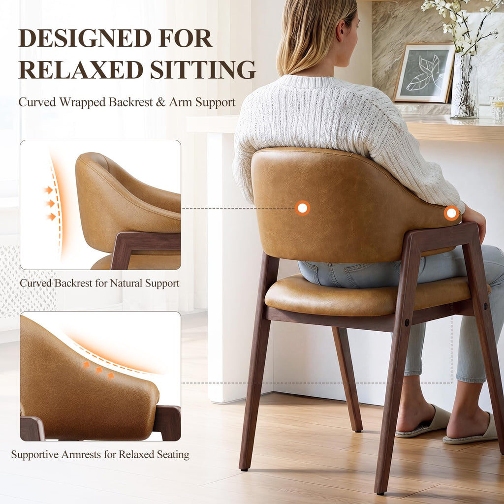 Wooden Dining Chairs Set of 4, Faux Leather, Curved Open Back, Brown