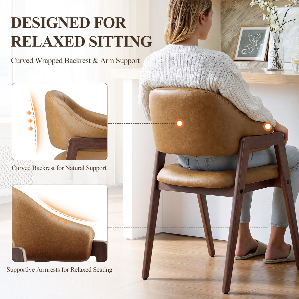 Wooden Dining Chairs Set of 4, Faux Leather, Curved Open Back, Brown