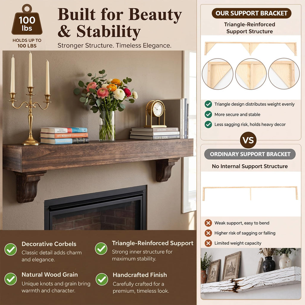 72 Inch Fireplace Mantel Shelf with Corbels Solid Wood Rustic Walnut Finish