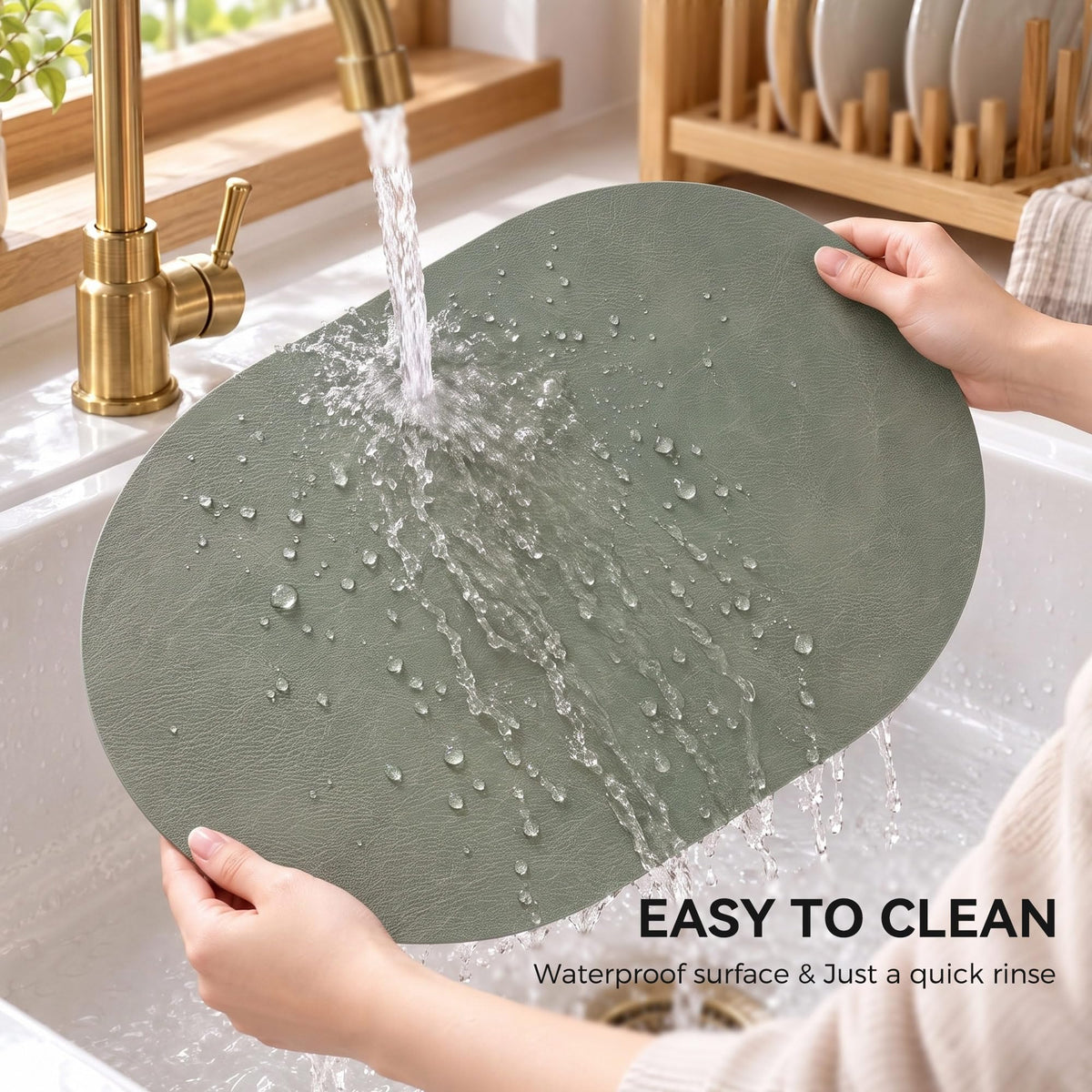 Oval Placemats Set of 4, Reversible Vinyl Faux Leather Wipeable Table Mats