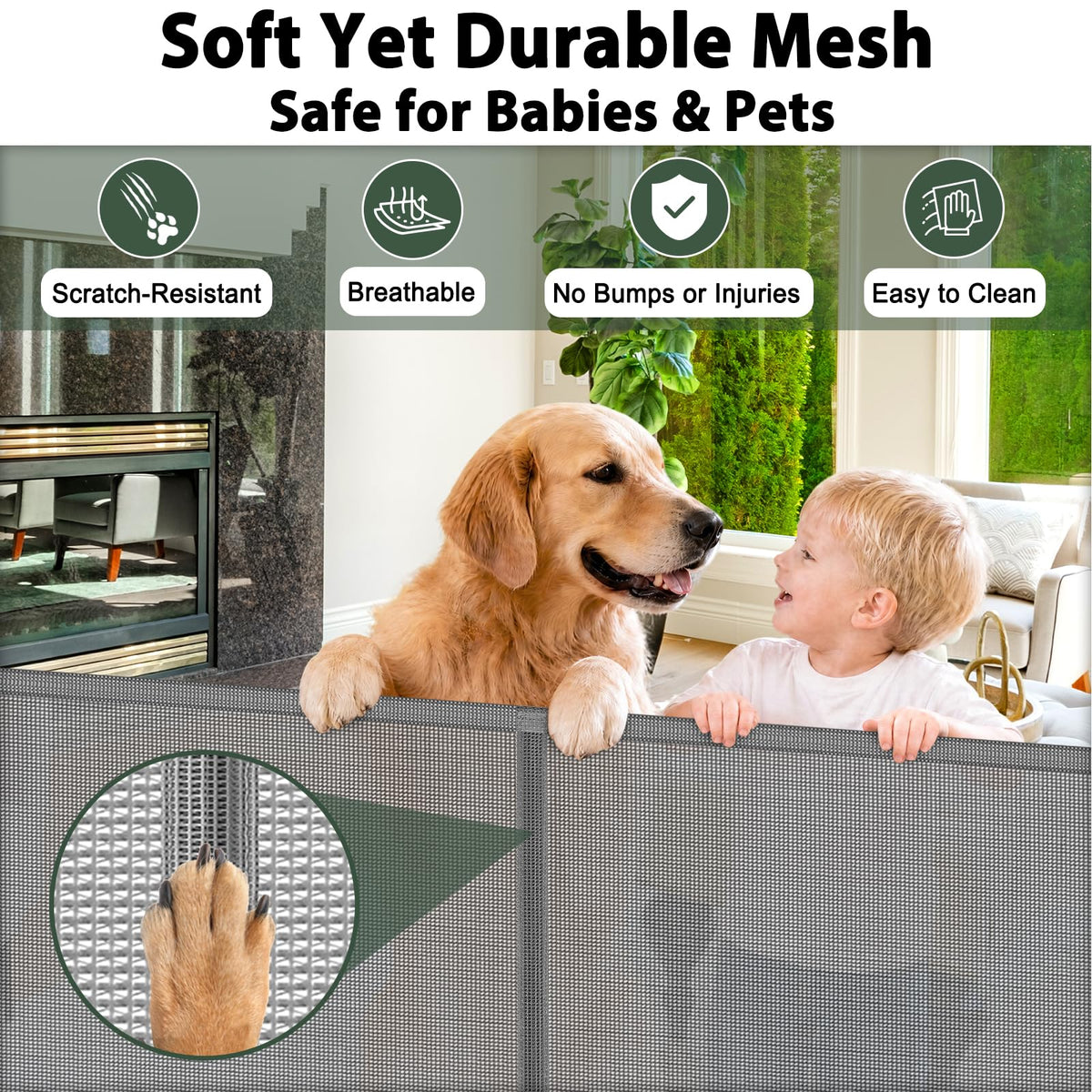Reinforced 72" Long Retractable Baby Gate, Prevents Crawling Under