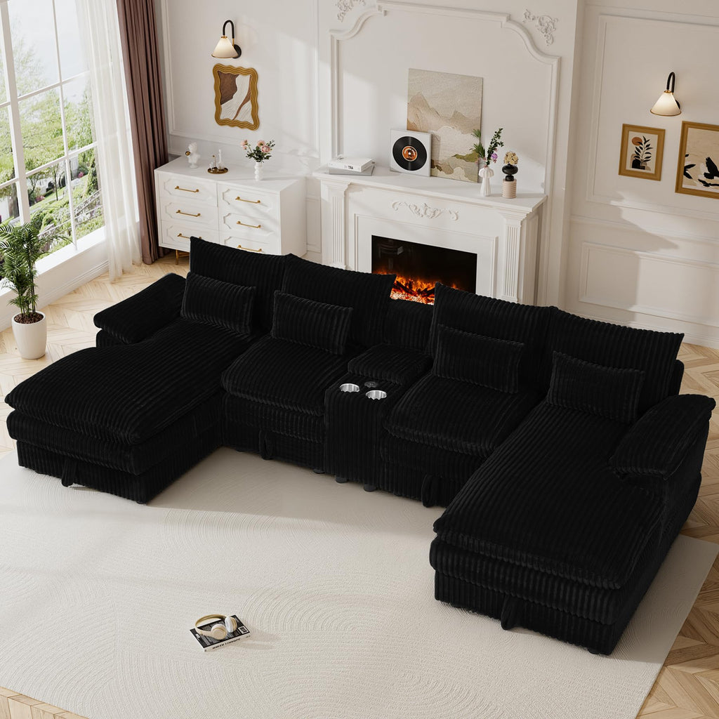 120" Cloud Couch Sectional U Shaped Black Sectional Couches, Plush Soft Comfy Fluffy Corduroy Couch Sectionals