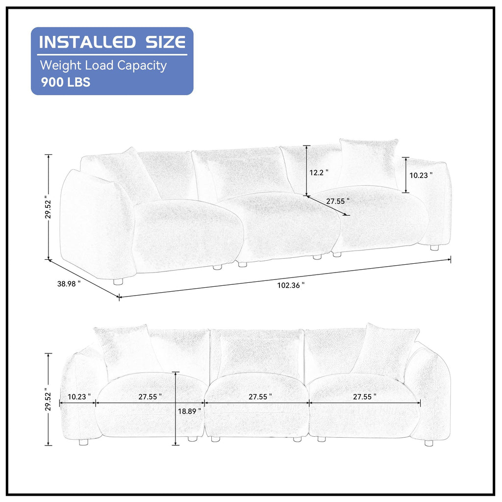 102.36" Modular Sectional Sofa, Modern Back Upholstered Comfy Sofa Couch with 3 Throw Pillows, Teddy Boucle Sofa