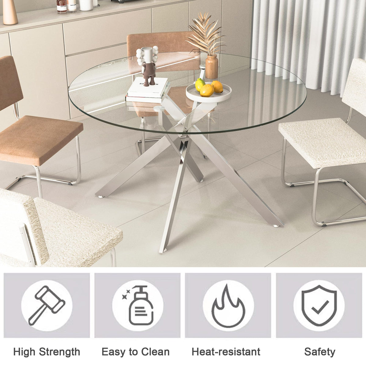 7-Piece Round Glass Dining Table Set for 6, 47" Circle Kitchen Table with 6 Black Velvet Chairs Modern Silver Glass