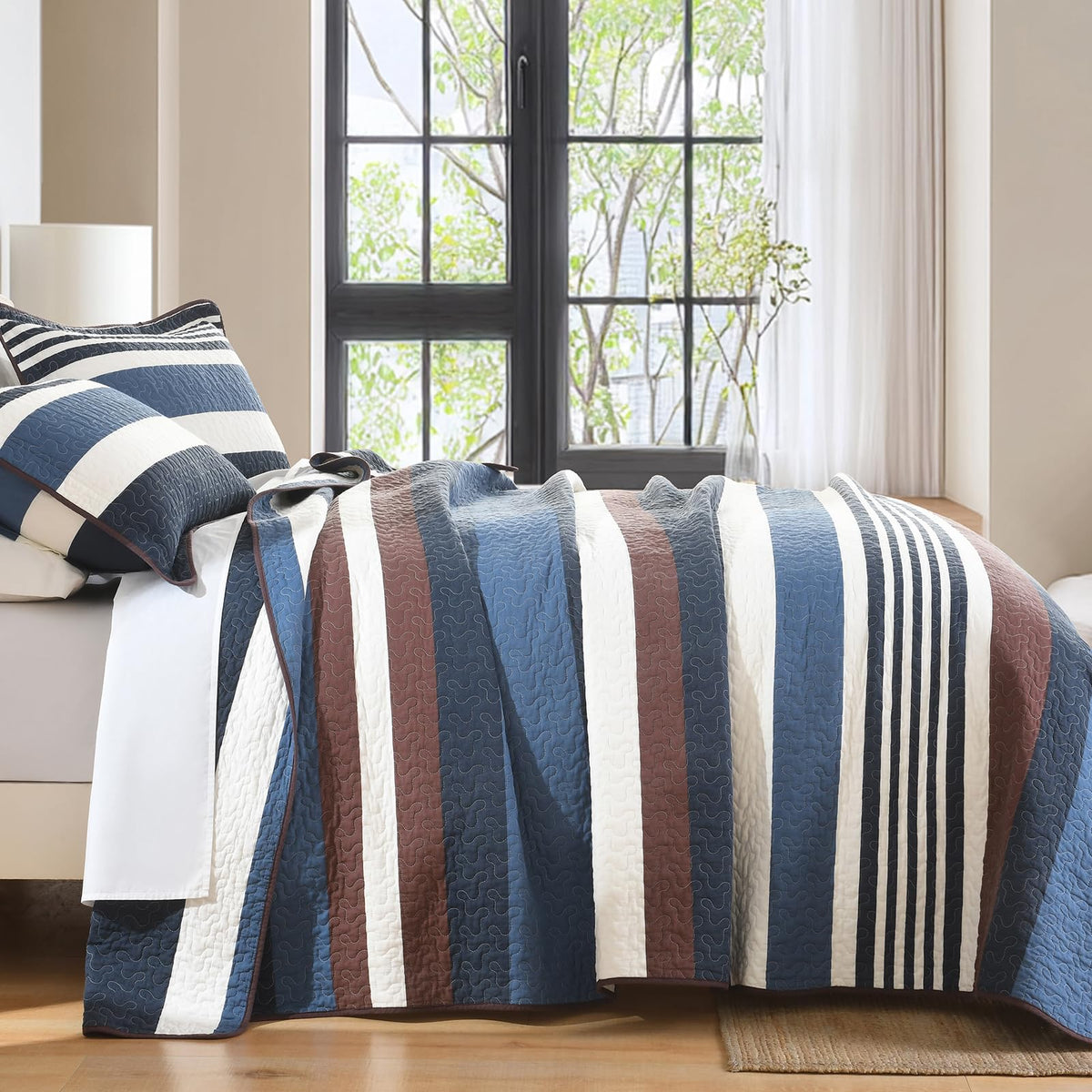 100% Cotton Quilt, Dark Blue and Brown Striped Quilt Set