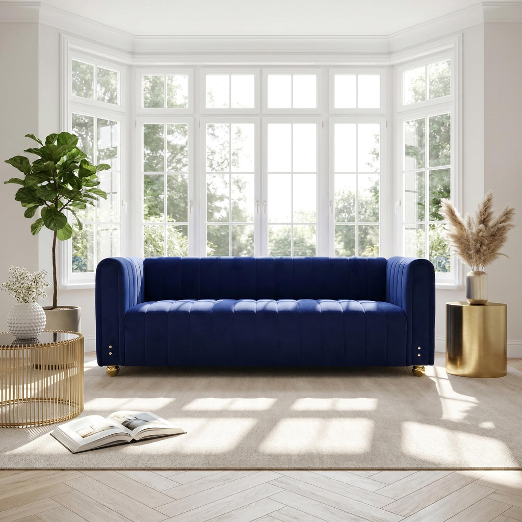 81" Sofa Mid Century Modern Couch for 3 Person Chesterfield Tufted Couches Apartment Bedroom Office (P51-Blue-3S+3S)