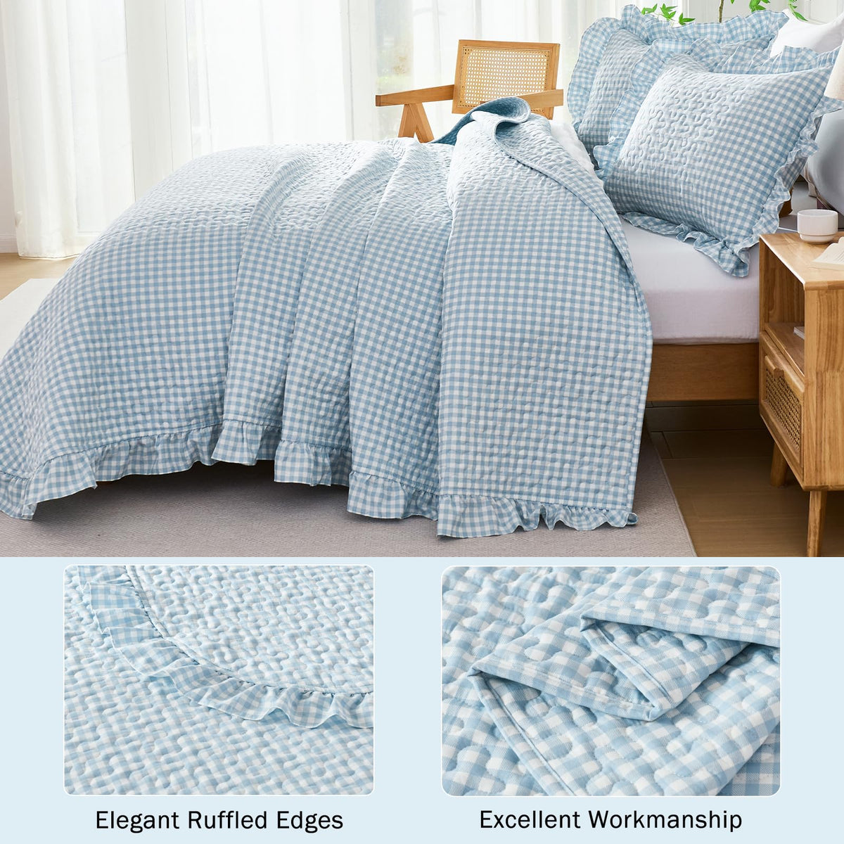 Gingham Quilt Set Light Blue Ruffled Summer Bedspread