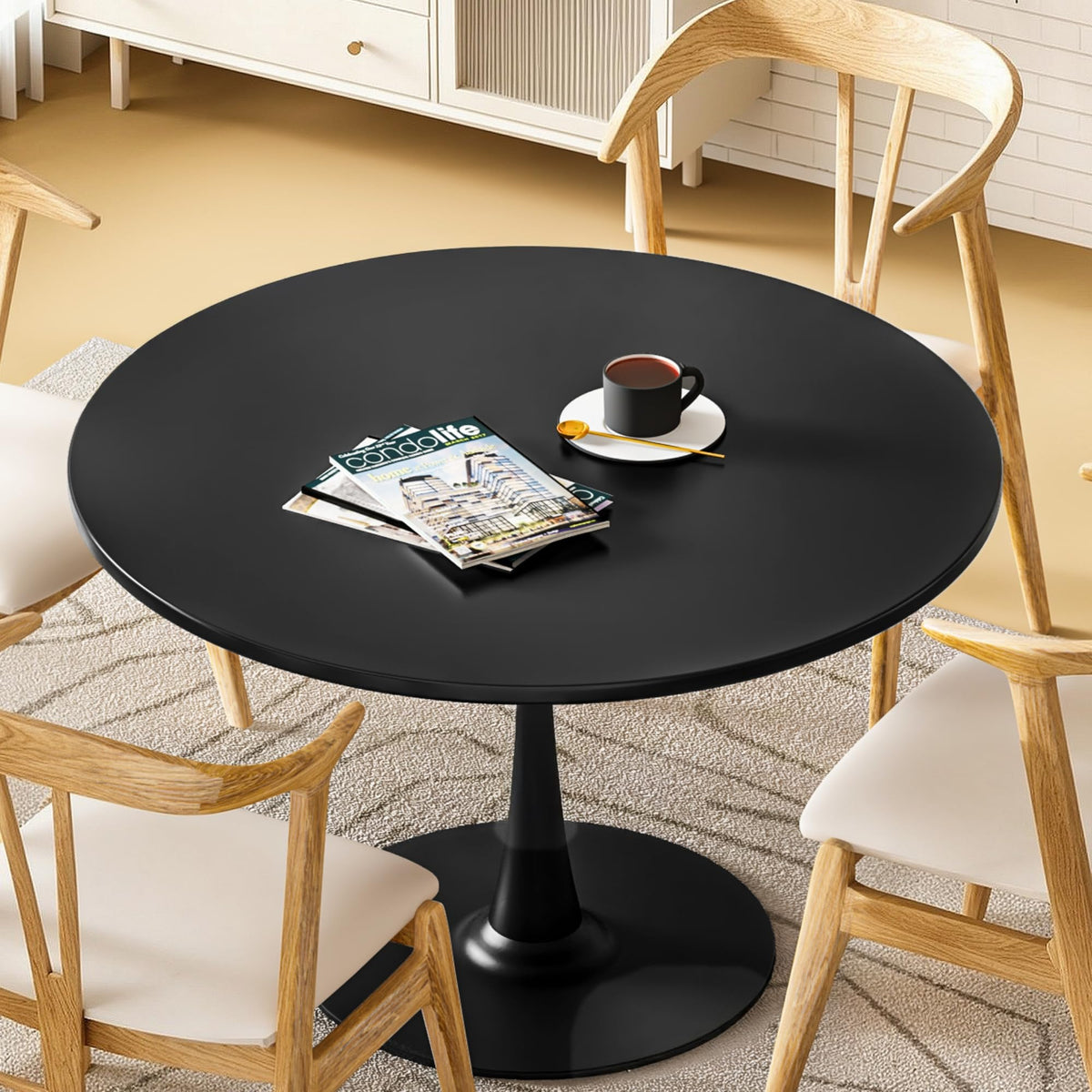 Inspired Saarinen Style Black Round Dining Table, 39.1" Tulip Kitchen Dining Table for 4-5 People with MDF Top & Pedestal Base, Mid-Century