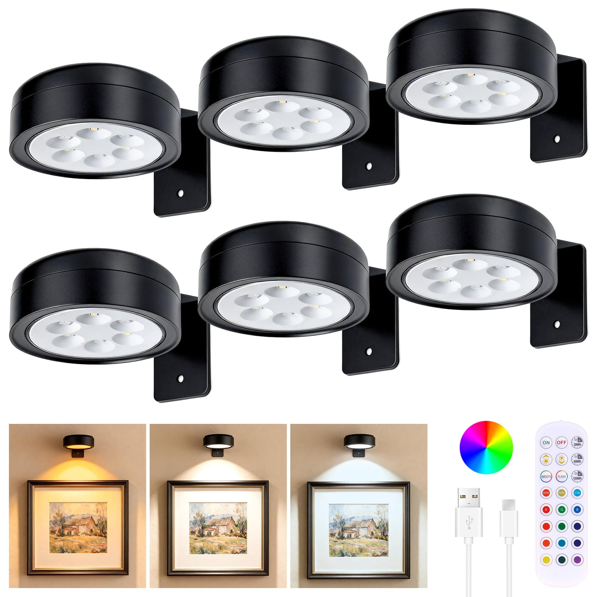 Picture Lights for Wall, Rechargeable Wireless Poster Lights, Black