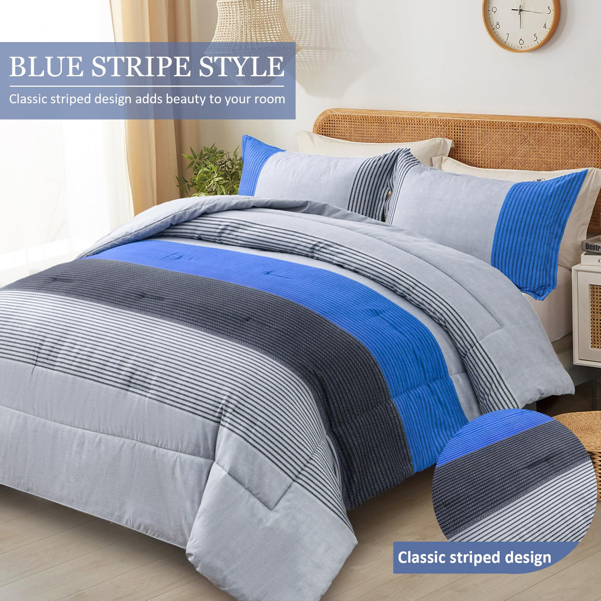Blue Stripe Comforter Set Reversible Grey Blue Bedding Comforter Set for Bed, 2 Pieces (1 Comforter+1