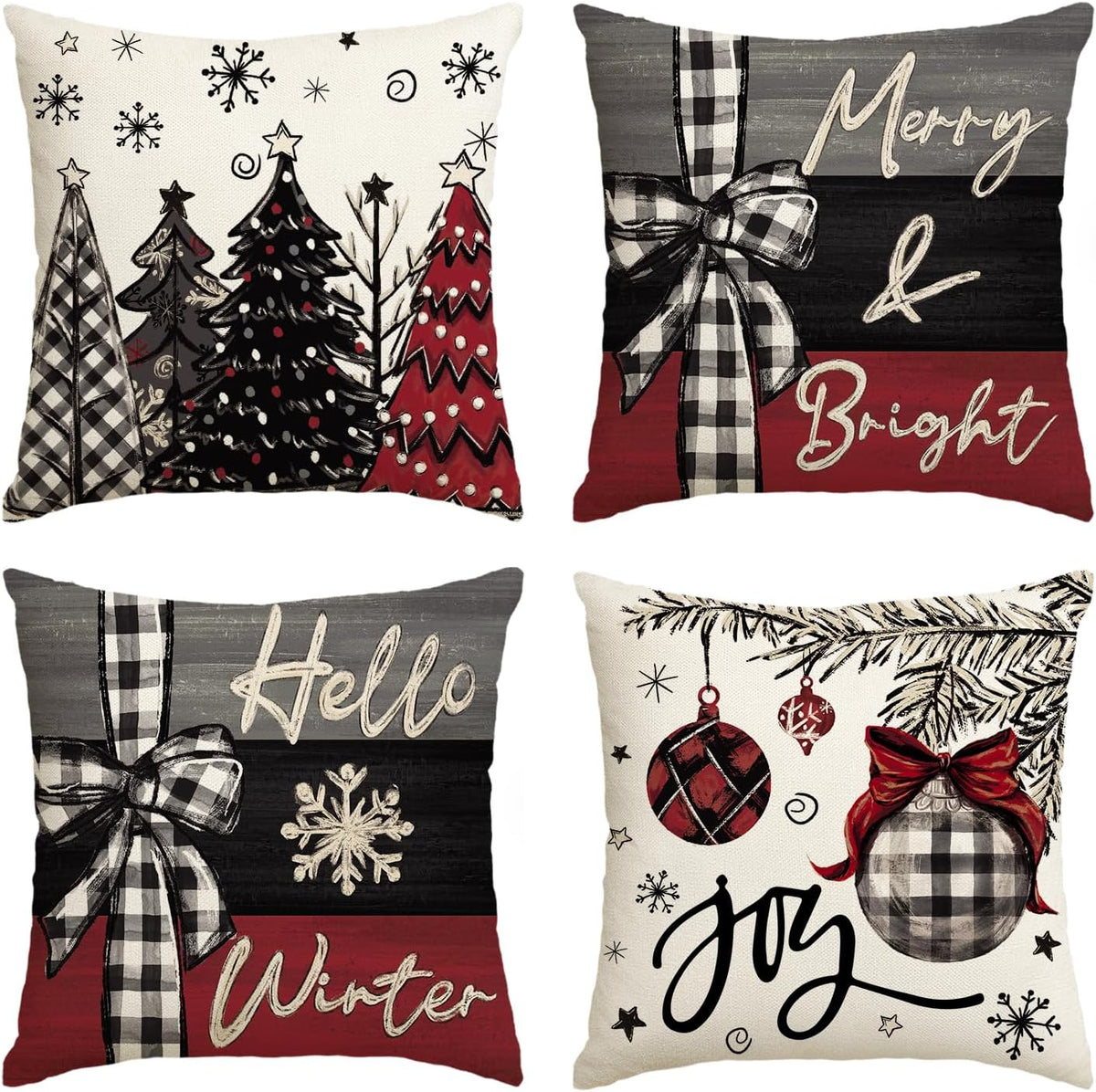 Merry Christmas Joy Xmas Trees Red Throw Pillow Covers, 20x20 Inch Christmas Winter Holiday Cushion Case Decoration - Set of 4