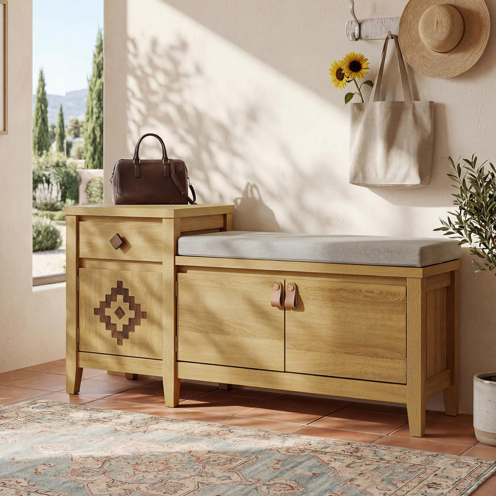 Entryway Bench with Storage, 3 in 1 Storage Bench with 1 Drawer and 2 Cubbies, 44" Rustic Wooden Seat with Cushion