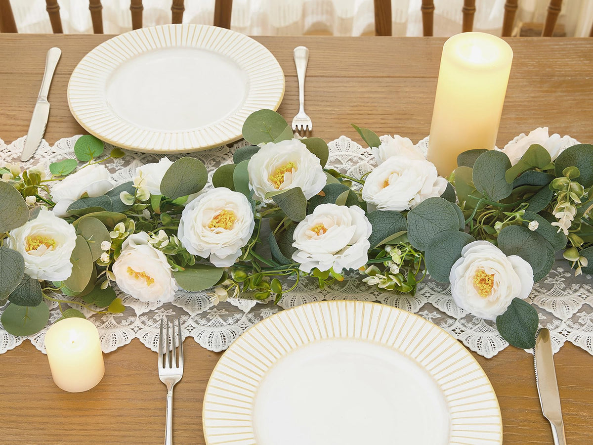 6Ft Artificial Eucalyptus White Flower Garland with Roses, 2 Pack