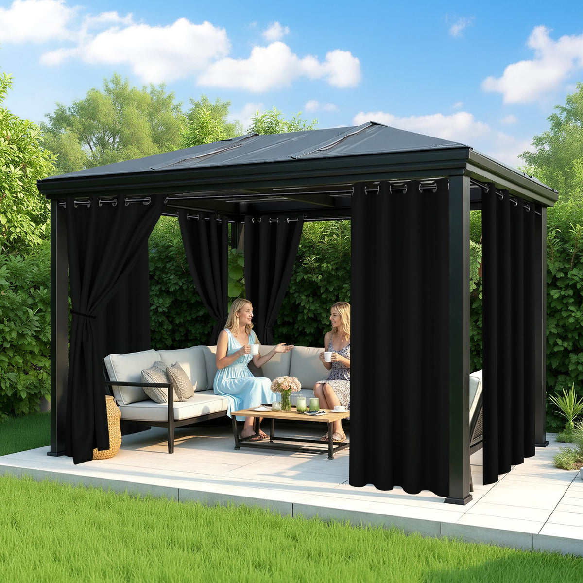 Black Outdoor Curtains Waterproof, 6 Drape Panels