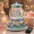Blue Carousel Snow Globe Music Box with Remote Control, 64 Melodies, LED Lights, Rotating Horse Musical Snow Globe