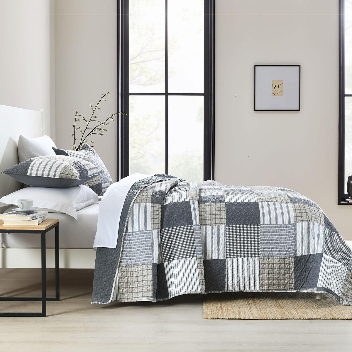 3-Piece Quilt Set, Lightweight Soft Quilt Gray Patchwork Farmhouse Bedspread Coverlet 90x90 inches