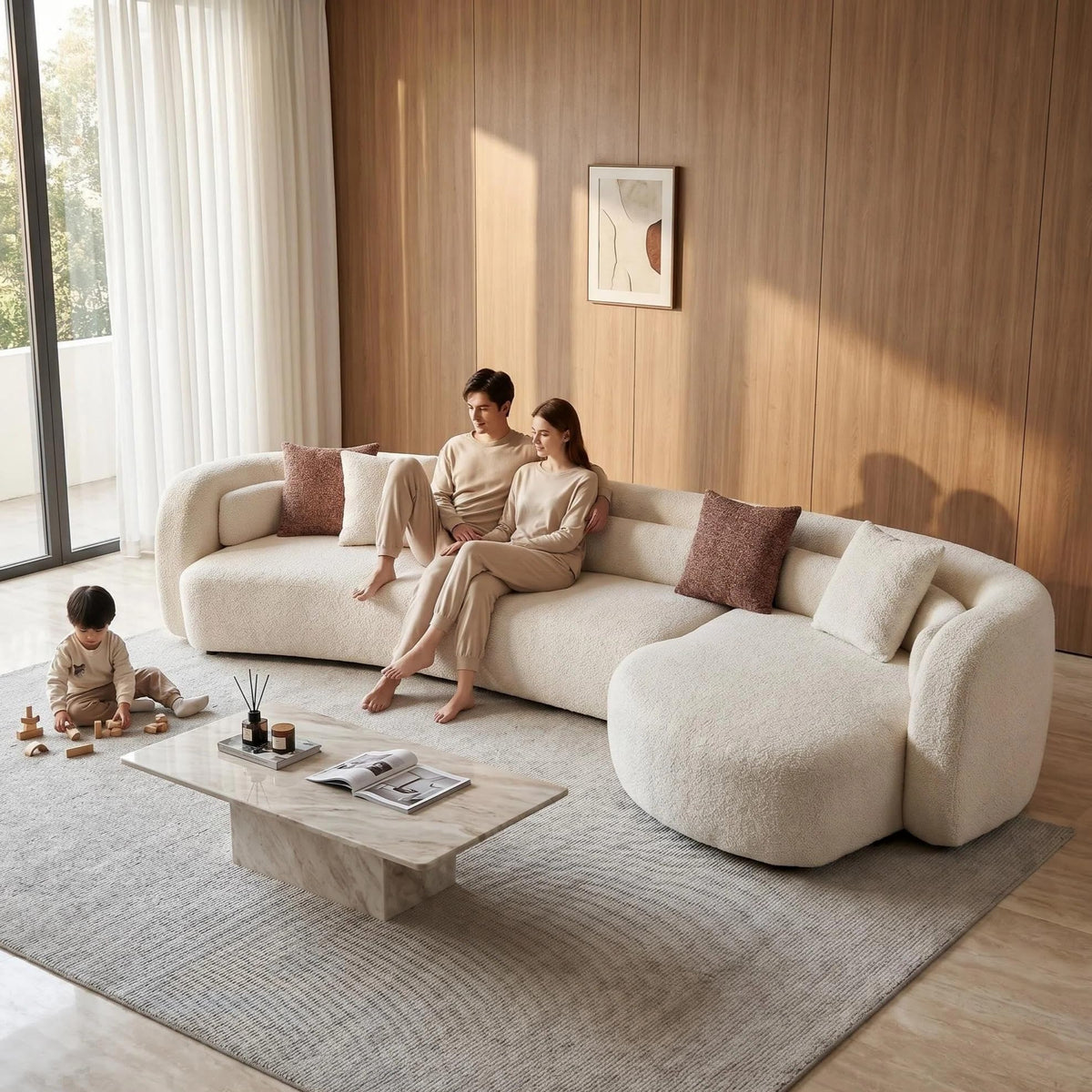 132" Oversized Boucle Cloud Couch with Chaise, Light Beige Sectional