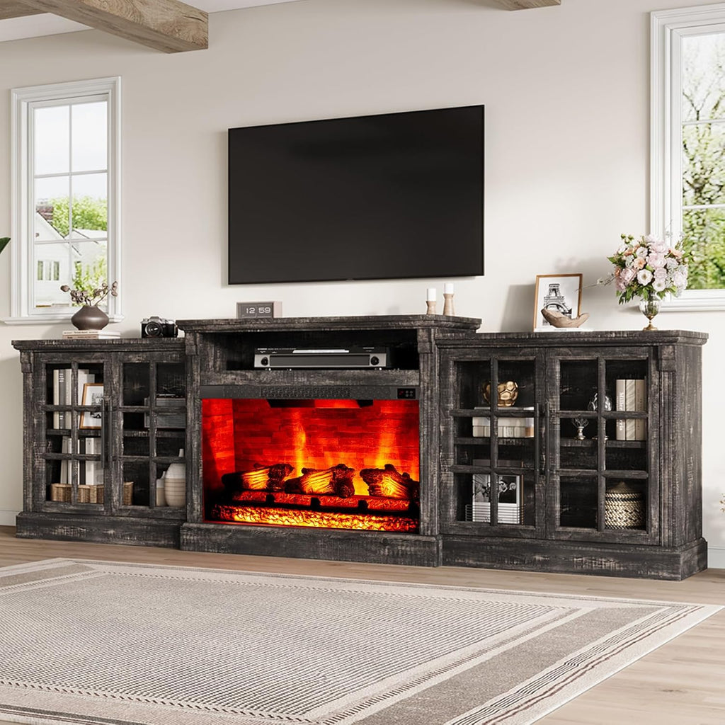97 Inch Farmhouse Fireplace TV Stand for TVs up to 100 Inches, Entertainment Center with 33 Inch Electric Fireplace, Large Storage Cabinets and Adjustable Shelves, Rustic Black