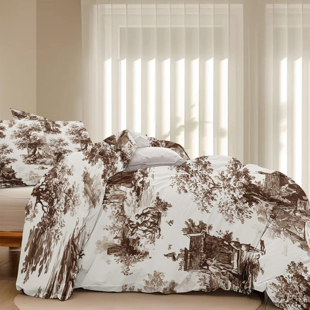 Blue Vintage Duvet Cover - Country Scene Duvet Cover Set 3Pcs - Toile Bedding Set - Brown Comforter Cover
