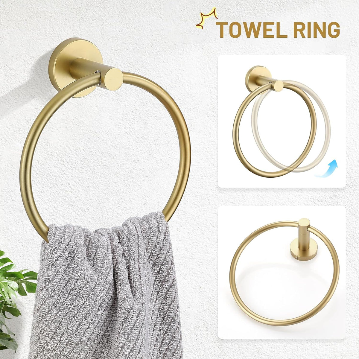Brushed Gold 4-Pieces Towel Ring Set Include Towel Ring Double Base Toilet Paper Holder Towel Hook SUS304 Stainless
