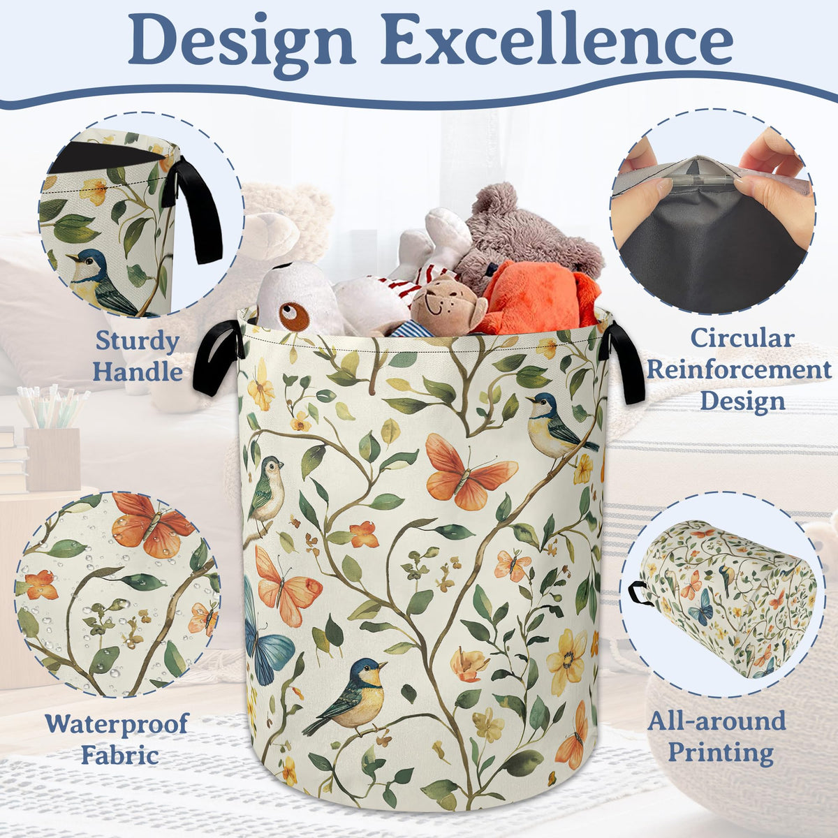 Bird Butterfly Laundry Basket,Oxford Cloth Vintage Nature Laundry Hamper With Handle Foldable Portable Clothes