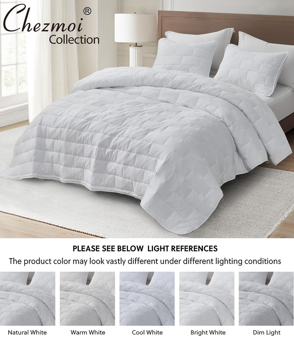 George 3-Piece Jacquard Quilt Set, White Textured Woven Lightweight Rectangle Quilted Bedspread for All